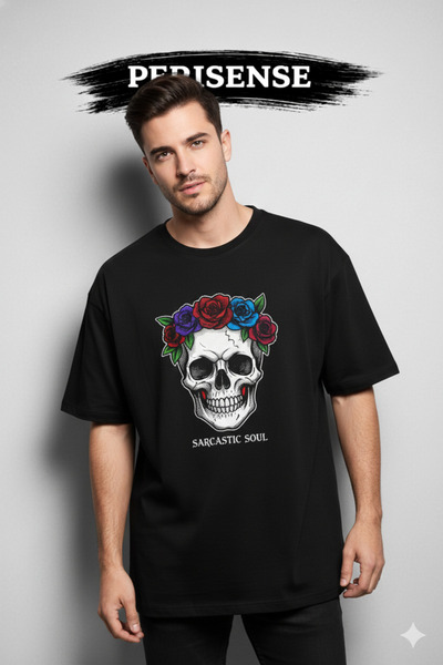PERISENSE Унисекс тениска с принт на череп от висококачествен памук