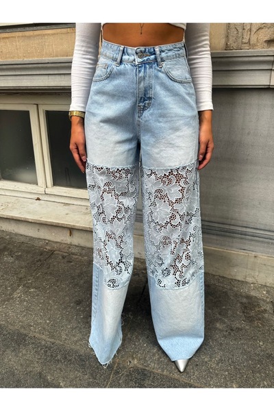 Butik Lace Design Jeans Pants Lycra Free Palazzo Comfortable Fit High Waist