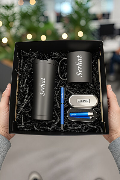 MEG TASARIM DÜNYASI Kişiye Özel İsimli Siyah Çelik Termos,Seramik Kupa Bardak...