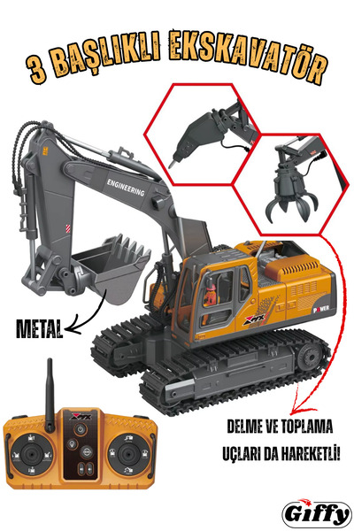 giffy Oyuncak Uzaktan Kumandalı 3 Başlıklı Ekskavatör Full Fonk. Kepçe - Kırm...