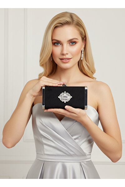 Biçanta Black Silver Luxury Suede Crystal Stone Metal Case Stone Handle Eveni...