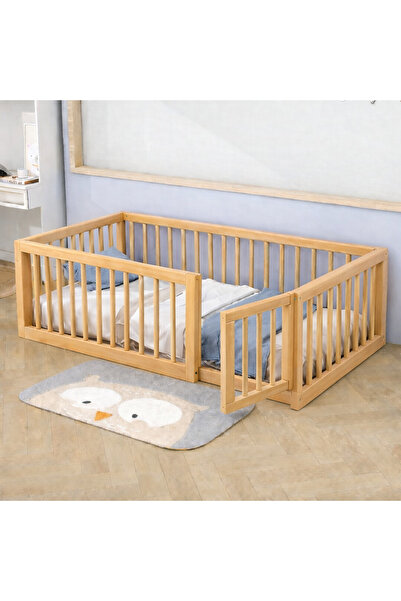 SRKYHOME CONSEPT Doğal ahşap yuvarlak çıtalı Montessori bebek ve çocuk karyolası