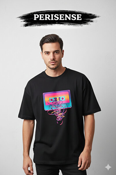 PERISENSE Unisex Iconic Cassette Printed Premium Combed Cotton Oversized T-Shirt