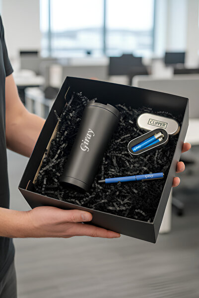 MEG TASARIM DÜNYASI İsme Özel 450 ml Siyah Renk Çelik Termos,Mavi Renk Çakmak...