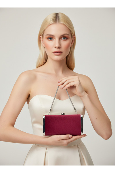 Biçanta Burgundy Silver Luxury Suede Crystal Stone Metal Case Stone Handle Ev...