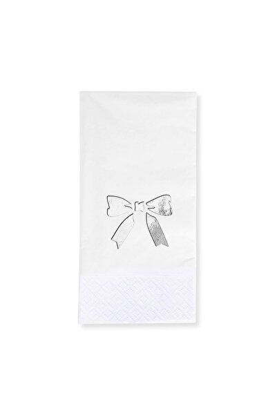 Story مناديل ورقية بيضاء اللون مقاس 33 × 33 سم، مزينة بشريط فضي على شكل فيونك...