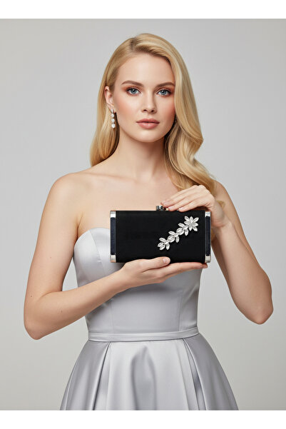 Biçanta Black Silver Luxury Suede Crystal Stone Metal Case Stone Handle Eveni...