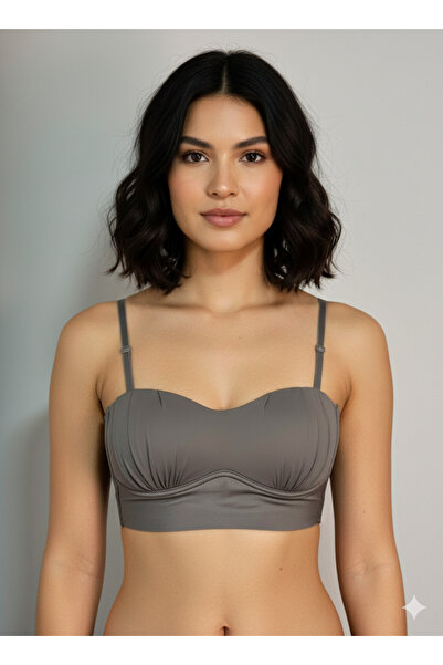 TAMER COLLECTİON Büzgü Detaylı Büstiyer - Straplez Kullanım Seçenekli Crop Top