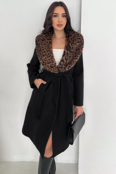 AsprinFashion Leopard Fur Collar Cashmere Coat