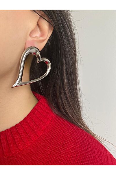 milayk Silver Steel Hollow Big Heart Earrings