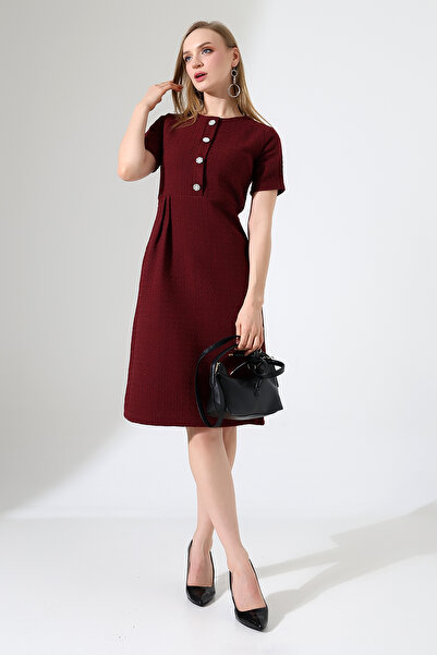 Mois Atelier Bordo Tüvit Kareli Şanel Kumaş Pileli Düğme Detaylı Midi Elbise ...