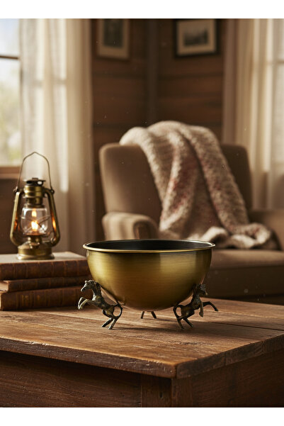 VAZO DEKOR Antik Eskitme Gold At Figürlü Dekoratif Sunum Kasesi - Lüks Pirinç...