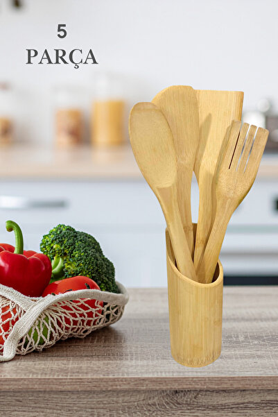 ViZKA Bambu Standlı Kaşık Seti , Ahşap Tezgah üstü Kaşık Set 5 PARÇA