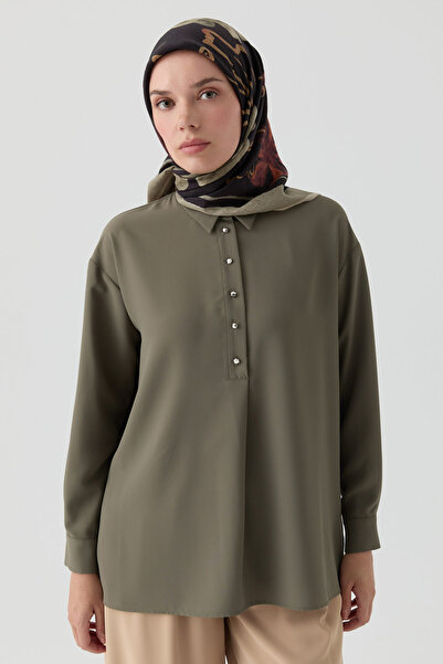 Tuğba Yırtmaçlı Asimetrik Kesim Bluz - Haki