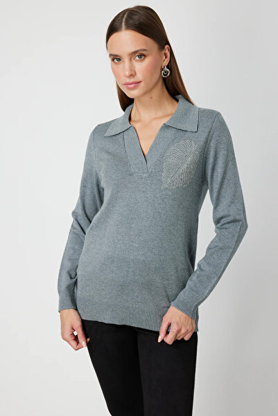 ON TRİKO Pulover tricotat cu lanțuri pe umeri și detalii cu frunze 65334