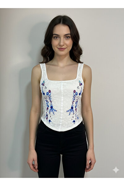 TAMER COLLECTİON Beyaz Çiçek Nakışlı Korse Büstiyer - Bohem Tarz