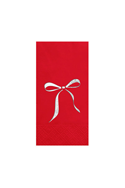 Story مناديل ورقية حمراء اللون مقاس 33 × 33 سم، مزينة بشريط فضي على شكل فيونك...