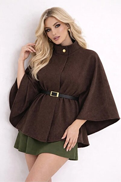 lizge giyim Women's Brown Mock Neck Gold Button Detailed Belted Cape Poncho