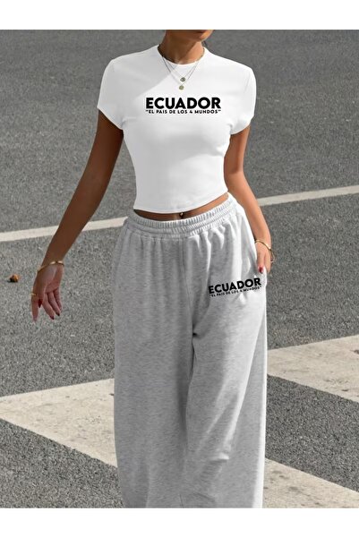 macklin Women's Ecuador Printed Baby Tee Combed Cotton Crop and Sweatpants - ...