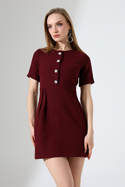 Mois Atelier Bordo Tüvit Kareli Şanel Kumaş Pileli Düğme Detaylı Mini Elbise ...