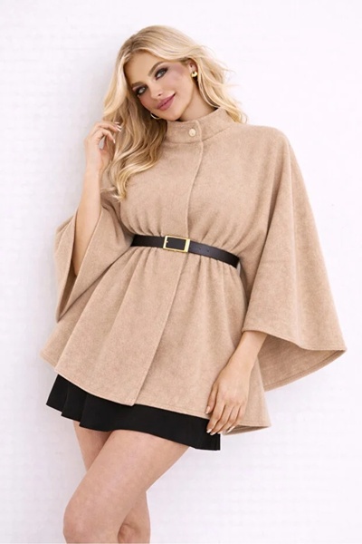 lizge giyim Women's Beige Mock Neck Gold Button Detailed Belted Cape Poncho