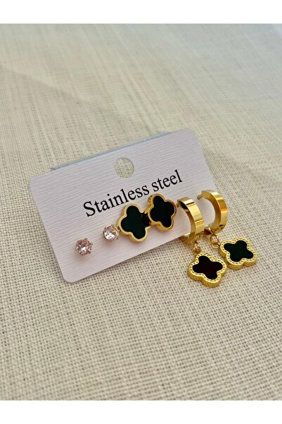 D&Z ACCESSORİES 3'lü Yonca Küpe Seti | Siyah Mineli Yonca & Gold Renk Çelik K...