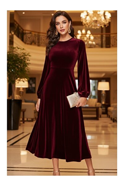 Fibula Bisiklet yaka inci kadife midi elbise