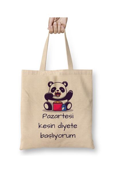 Toyaso Monday I'M Starting a Specific Diet Panda White Cloth Bag Long Handle ...