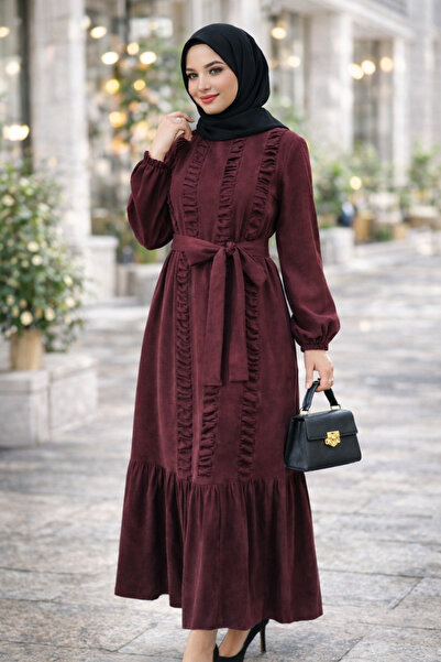 clemence Kadın Tesettür İpek Kupra Uzun Elbise Kuşaklı - (Fırfır Detaylı)