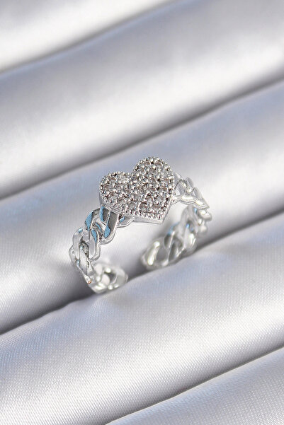 esplendor Brass Silver Color Chain Cord Zircon Stone Heart Model Women's Ring