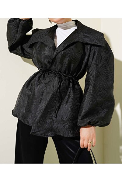Trend Marfa Elastic Waist Balloon Sleeve Jacquard Jacket Black