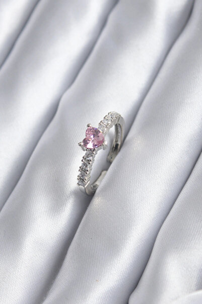esplendor Silver Color Zircon Stone Pink Crystal Heart Model Women's Ring