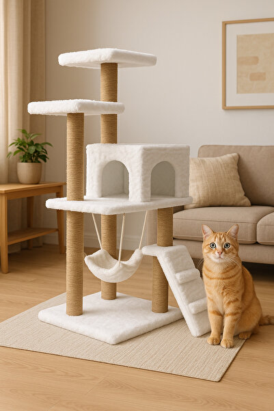 Empressco Çok Katlı Beyaz Kedi Evi ve Tırmalama Tahtası, Oyun ve Dinlenme Alanı