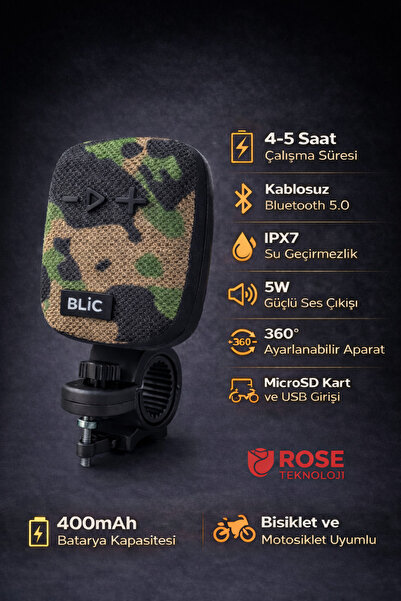 ROSE TEKNOLOJİ MOTOSİKLET VE BİSİKLET UYUMLU GİDON BAĞLANTI TF KART USB BELLE...