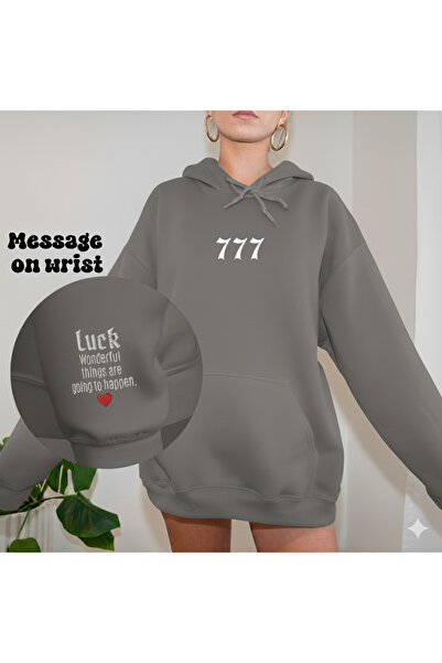 ALİ.COM Unisex 777 Printed Sleeve Print Detailed Hooded Oversized 3 Thread Fl...