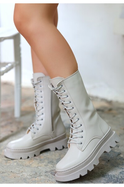 FRESCO SCARFS Toir Beige Skin Lace Up Boots