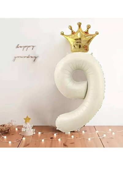 ALYA PARTİ 9 Yaş Krem Taçlı Rakam Folyo Balon Taç ve Rakam Folyo