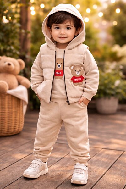 Minitex Erkek Bebek Ayıcık Baskılı Kapüşonlu Yelekli 3’lü Takım – Pamuklu Eşo...