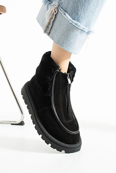 Aselin Ayakkabıları Kadın Bot & Bootie Hakiki Deri Siyah Kısa Topuklu Casual/...