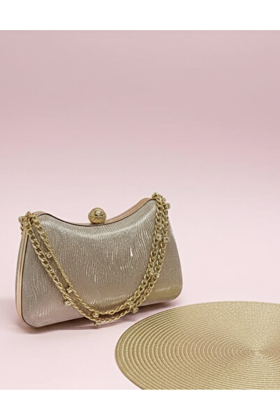 Çanta Trend Women's Wavy Glitter Gold Evening Dress Clutch Chain Strap Hand W...