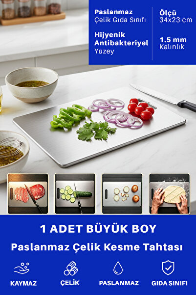 Just Art 1 Adet Paslanmaz Çelik Büyük Boy Mutfak Kesme Tahtası Et Sebze Doğra...
