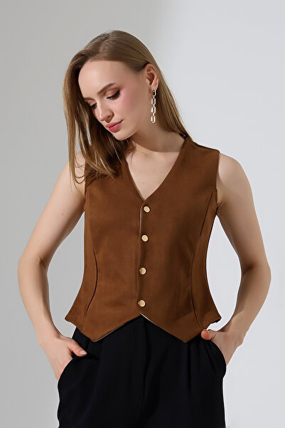 Mois Atelier Kahverengi Squba Süet Gold Düğme Çıt Çıt Kapama V Yaka Yelek Tas...