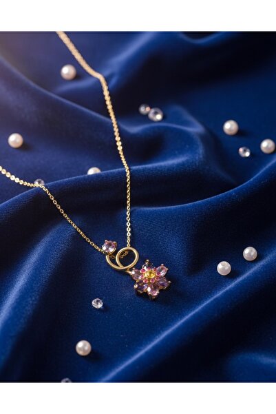 Hiis Store Pembe Mor Taşlı Lotus Çiçek Figürlü Kadın Kolye - Gold Zincir Şık ...