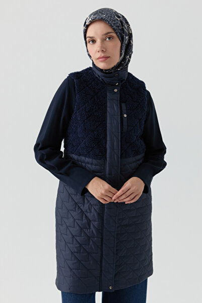 Tuğba Peluş Garnili Kapitone Yelek - İndigo