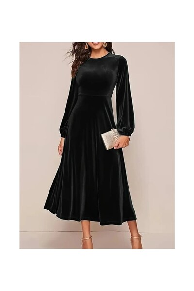 Fibula Bisiklet yaka inci kadife midi elbise