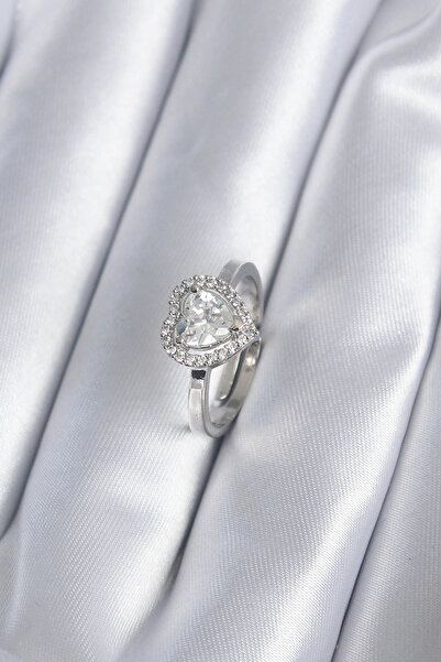 esplendor Brass Silver Color Zircon Stone Heart Charm Model Women's Ring