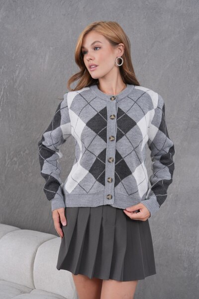 venezia giyim Women's Knitwear Cardigan Jacket - Crew Neck Diamond Pattern Bu...