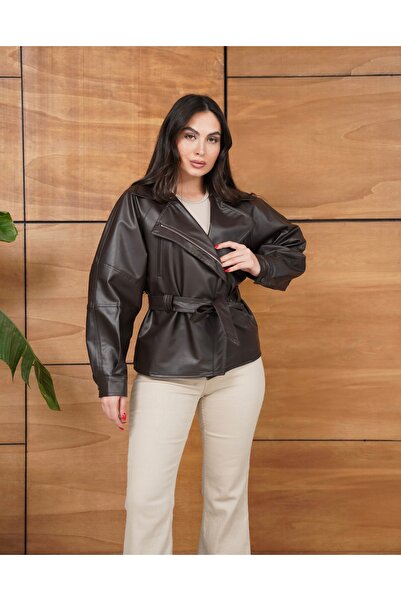 timagna Kadın Acı kahve Deri Ceket Kuşaklı Fermuar Detaylı Yeni Sezon Deri Mo...
