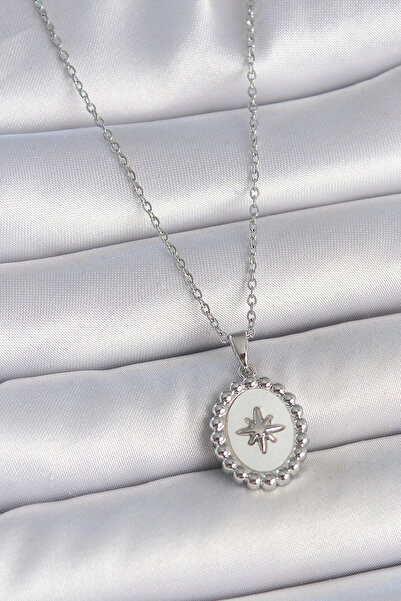 MericLine سلسلة فضية اللون من الفولاذ 316L مع ميدالية مطرزة على شكل نجمة بيضا...