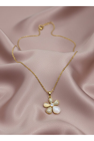 GKCBijoux 316L Çelik Gold Renk Sedefli ve Zirkon Taşlı Yonca Kolye